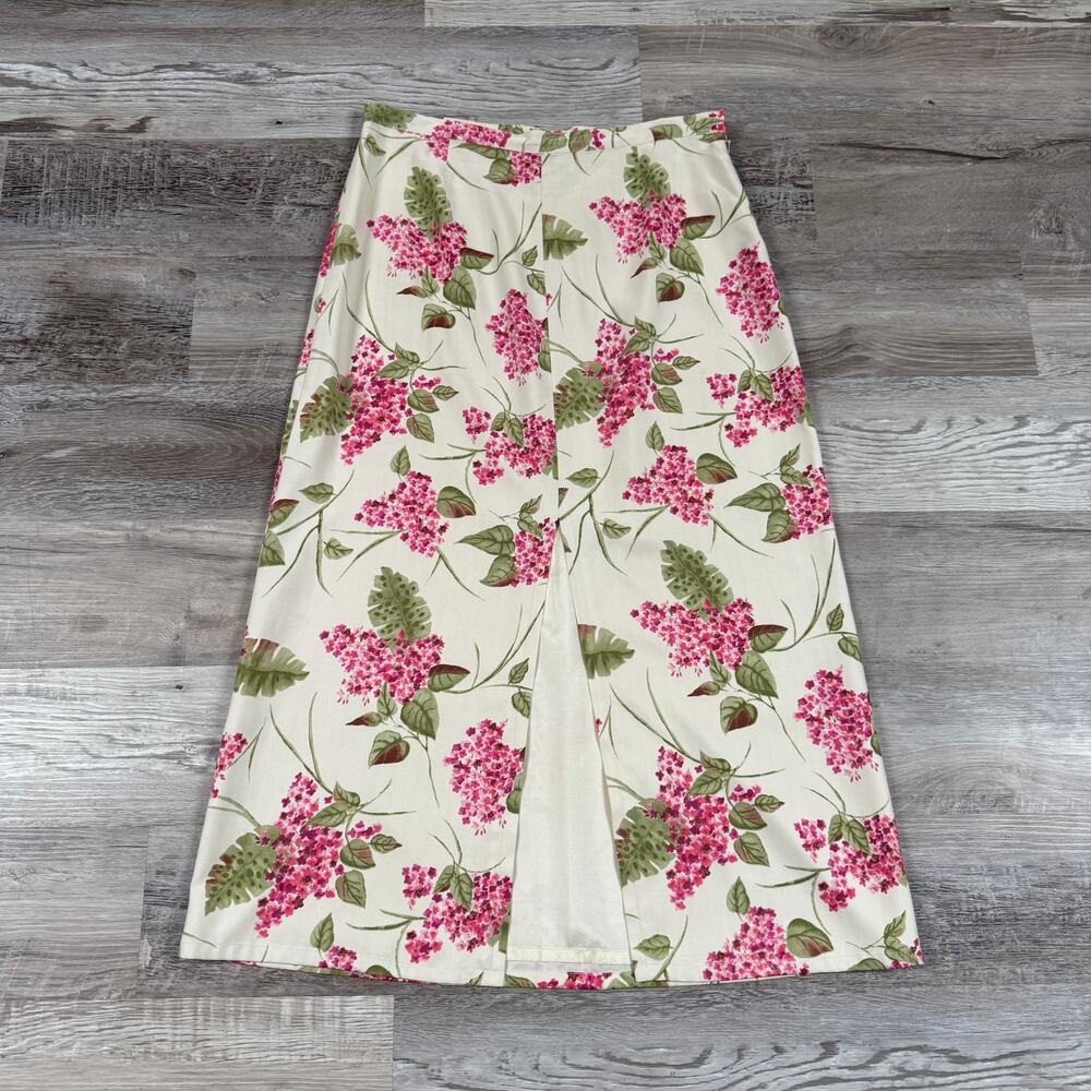 Vintage 90s Silk Floral A-Line Midi Skirt Ivory Pink Cottagecore Romantic 14
